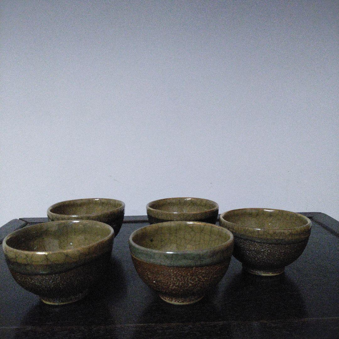 NO588 大堀相馬焼　古相馬　勿来手　鮫肌　湯呑み　5点　明治期