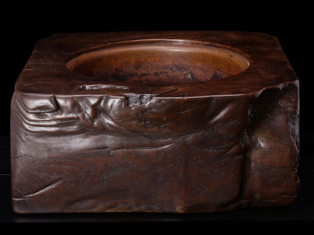 時代物 天然木 刳貫 火鉢 瓶掛 特大 幅62㎝ 銘木 木製火鉢 囲炉裏 茶道具