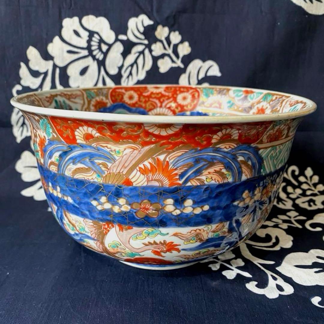 時代物骨董　古伊万里　豪華絢爛染錦金襴手・色絵大鉢　鳳凰飛翔図　飾り鉢　幕末明治