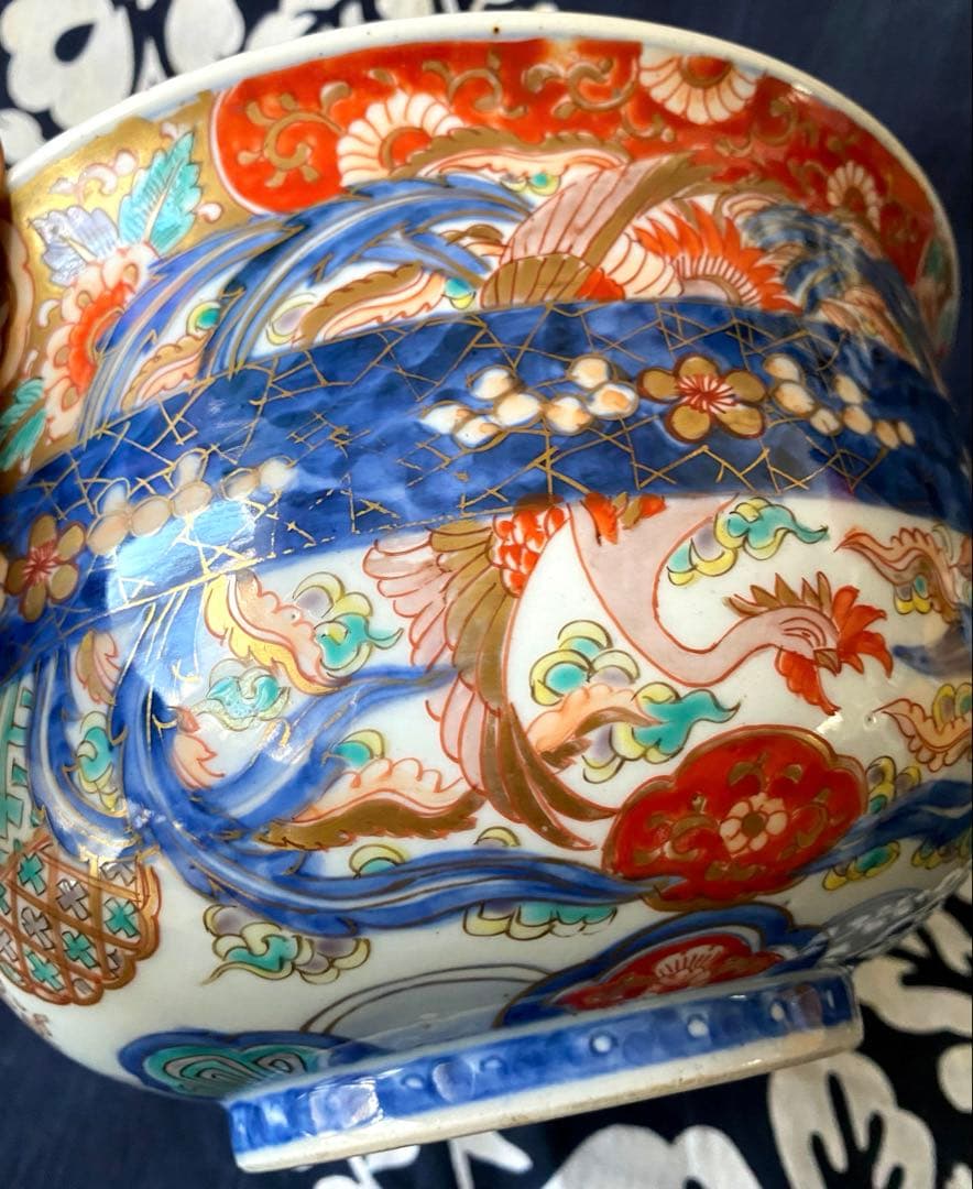 時代物骨董　古伊万里　豪華絢爛染錦金襴手・色絵大鉢　鳳凰飛翔図　飾り鉢　幕末明治