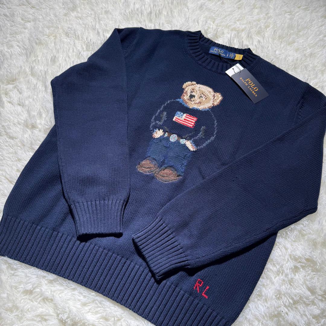 新品 L ポロベア ニット セーター ネイビー 国旗柄 メンズ レディース