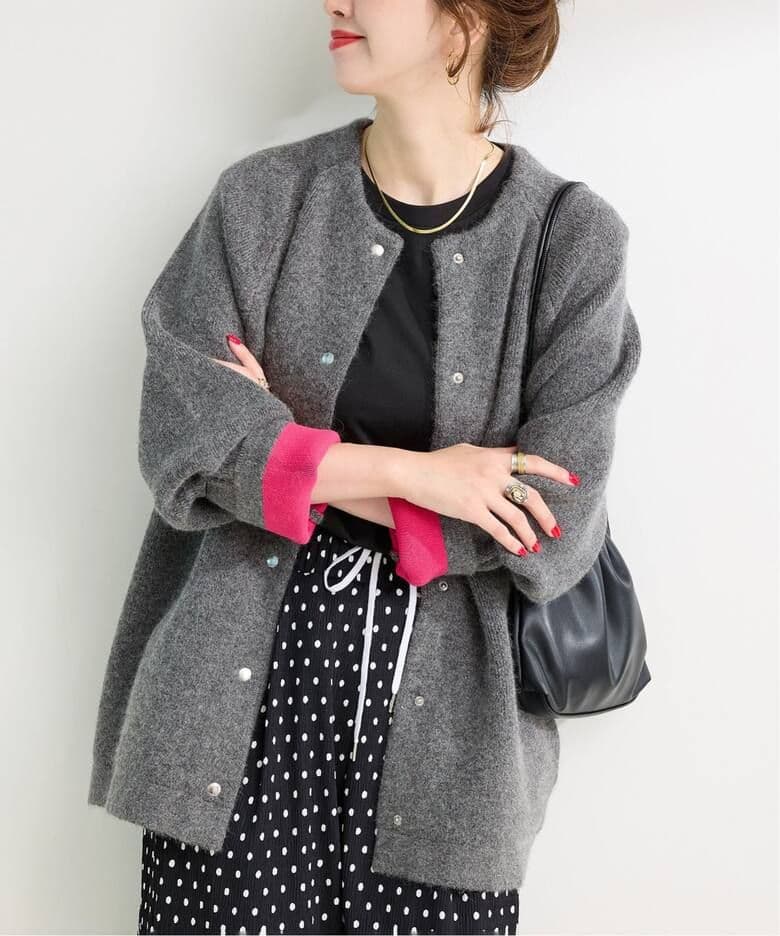 simplicite ２層スムース編みロングカーディガン　グレーピンクフォックス