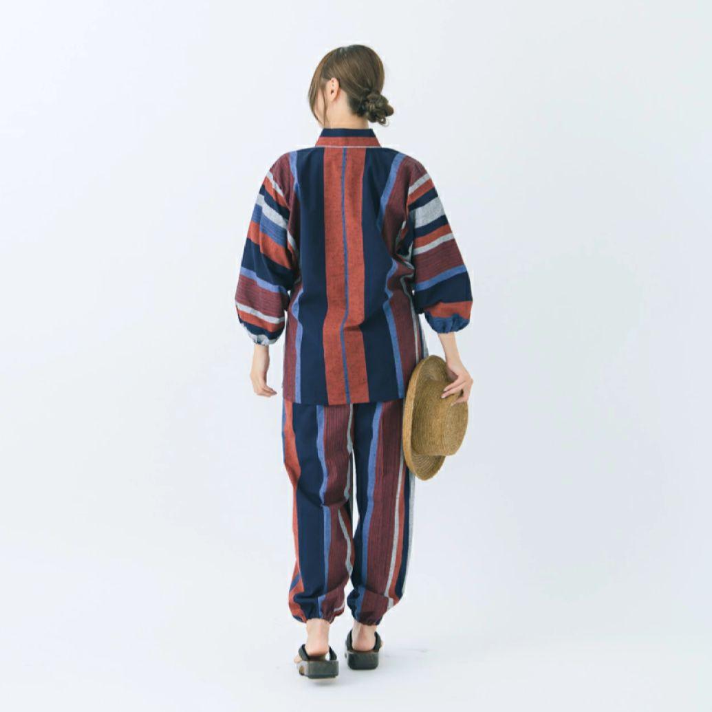 値下【美品】作務衣 さむえ 宮田織物 縞柄 日本製 綿100% 大縞フリーサイズ