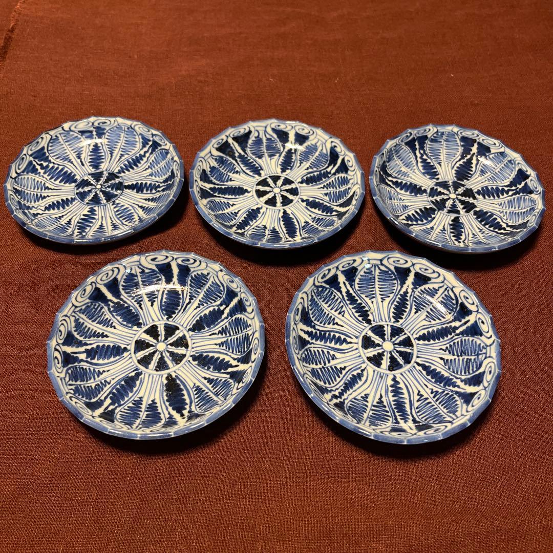 青と白 花模様の骨董小皿5枚セット