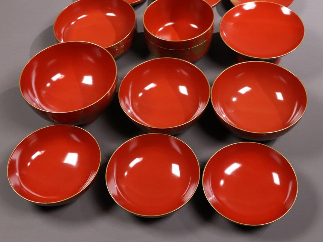 CL83 時代 花唐草金蒔絵 朱塗御膳セット 木製漆器 各種椀 引盃 高月