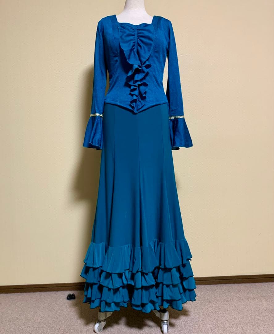 フラメンコ衣装ソニアジョーンズファルダ➕フリルブラウス上下　ターコイズ