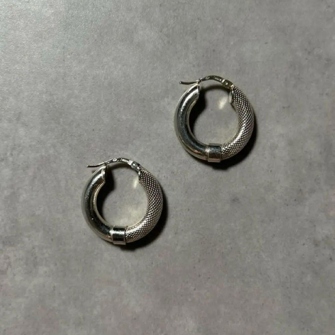 ヴィンテージ イタリア製 925 シルバー 切り替え デザイン フープ ピアス