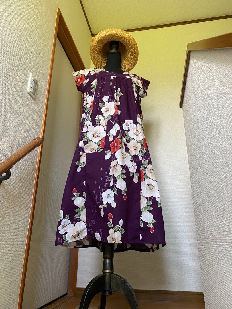 浴衣リメイク　紅白椿　ワンピース＋ガウチョパンツ