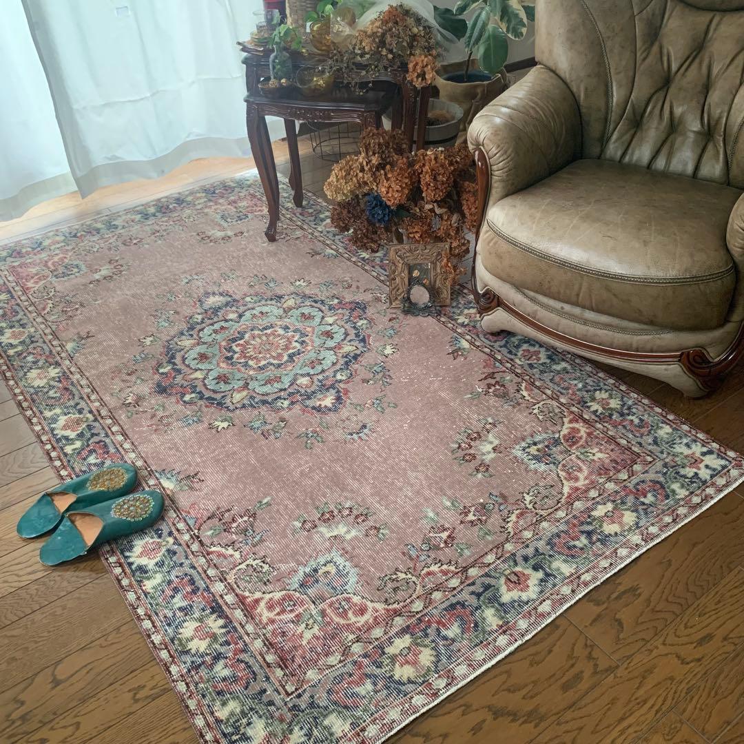 トルコヴィンテージラグ　モーブピンク　214 ×125 フラワー　メダリオン