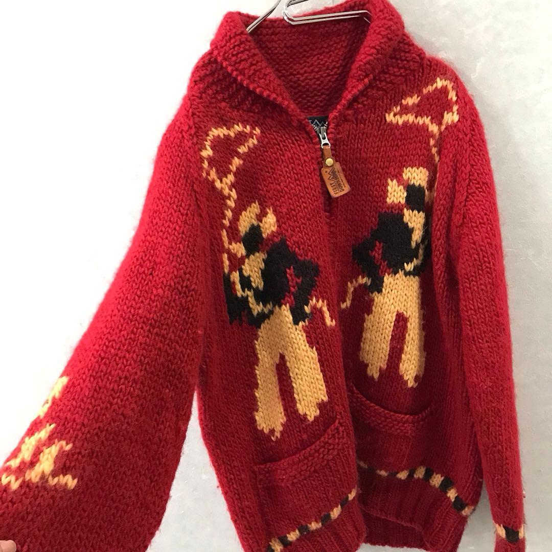 90s FIRST DOWN カウボーイ カウチン ニット ヴィンテージ M 赤