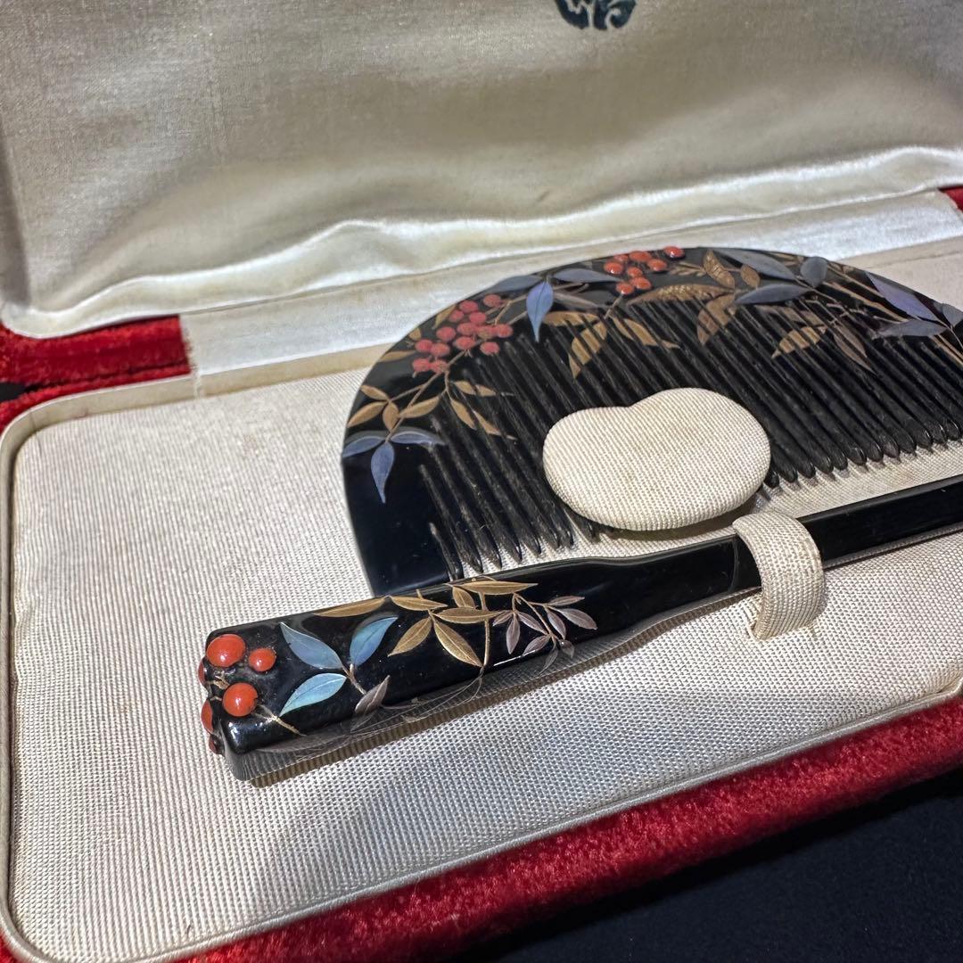 大正アンティーク　鼈甲　櫛笄　黒漆螺鈿細工　金細工髪飾り