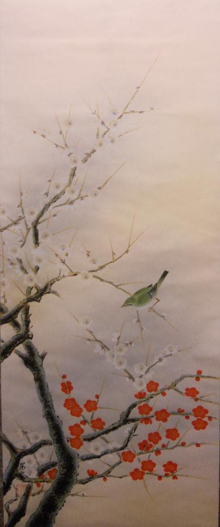 掛け軸 深谷 梅に鶯 絹本 希少 軸装 茶道具 掛軸 美品 です。