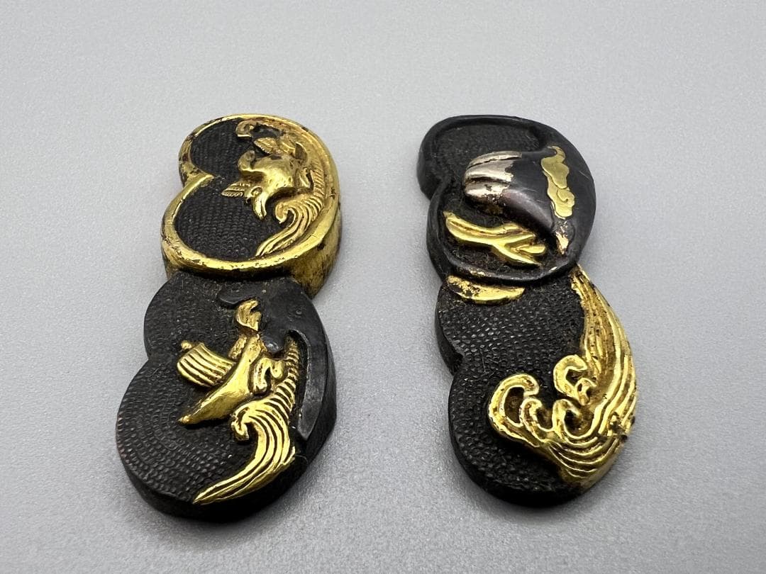 【海】江戸明治金工　鳳凰山水図　金目　手彫　目貫　４点　金銀象嵌　骨董品　元箱付