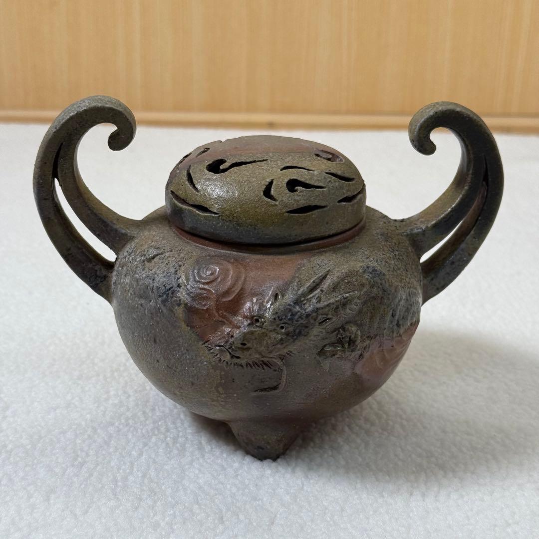 蔵出し/備前竜香炉 小山一草 共箱 共布 栞 備前焼 龍細工 茶道具 香道具