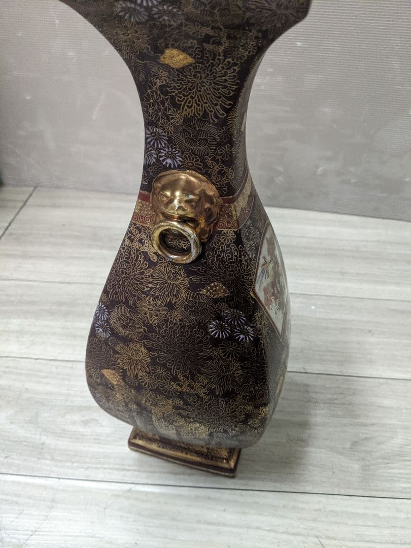 薩摩焼　飾り壷　金彩　金つぶ　山水　花鳥文　花瓶　連山　飾り耳付