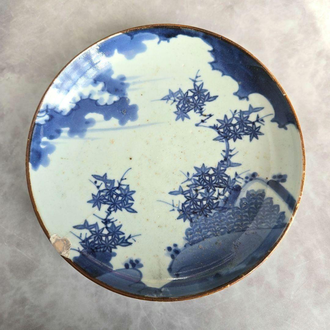 古伊万里　染付六寸皿　江戸時代　型紙摺　コンニャク印判　金直し　金継ぎ　骨董