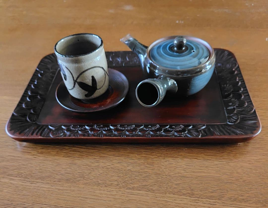 軽井沢彫　木製桜彫刻トレイ　縁彫