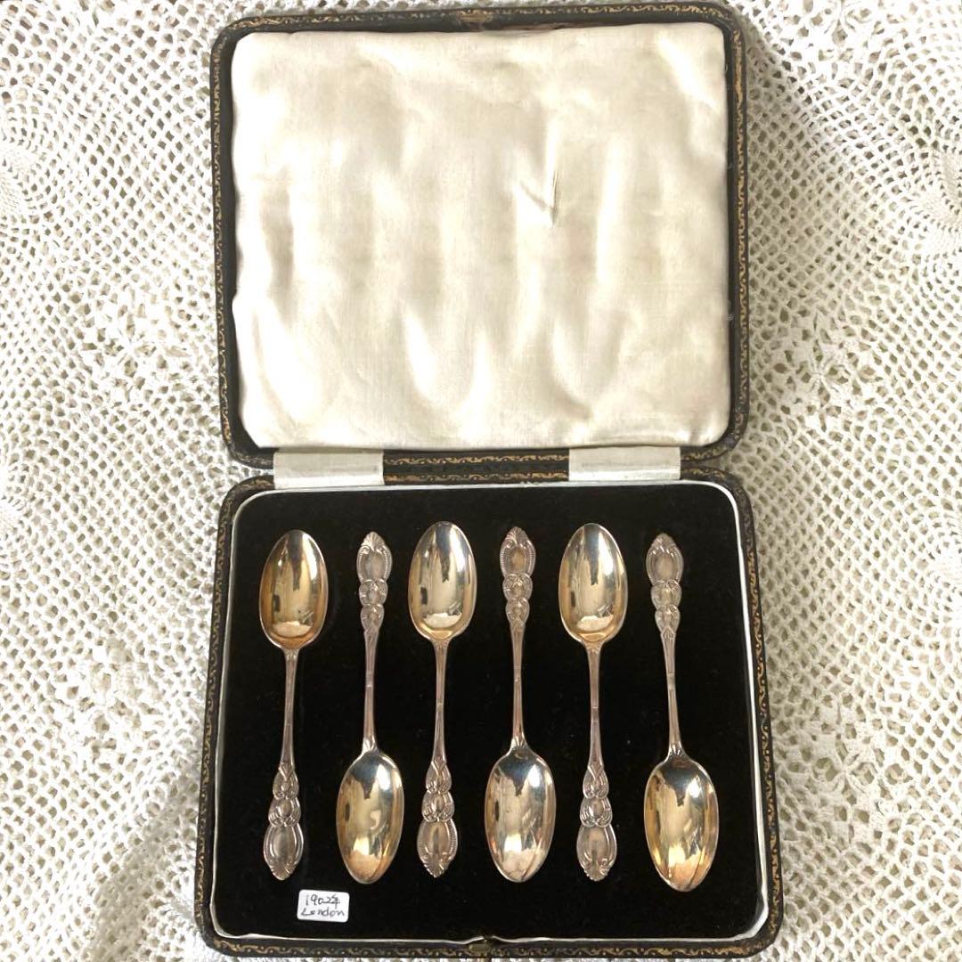 イギリス アンティーク 1902年製 純銀製スプーンセット 6本