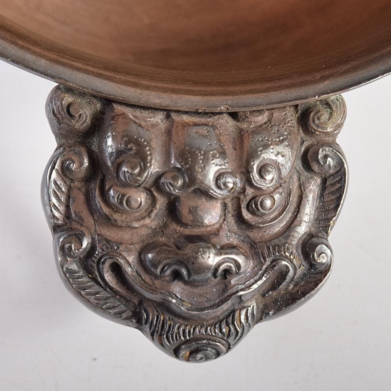 中国　白銅　神獣刻　玉石装飾　取手付杯　約167g　M　R8495