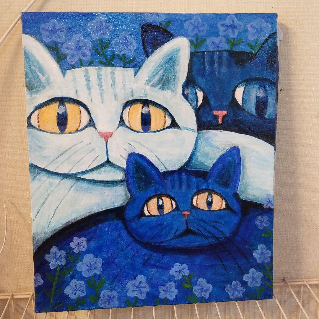油絵　専用　三代そろった猫と青い花