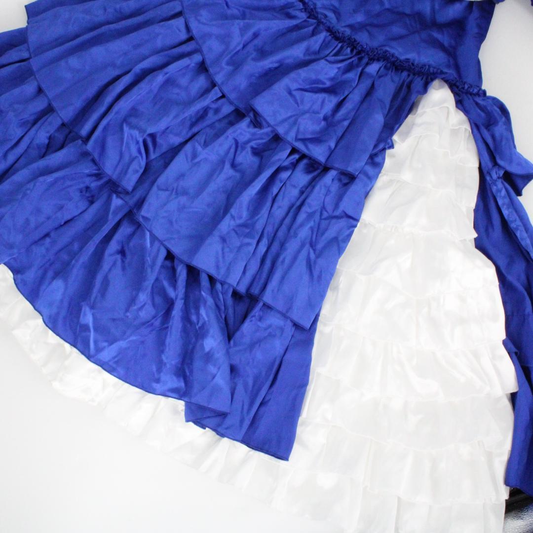 【フラメンコ衣装 ツーピースセット】光沢ブルー×光沢ホワイト　ブラウス ファルダ