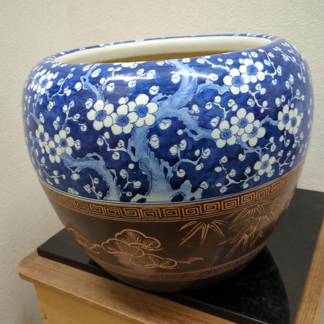 骨董　火鉢　梅の図　松竹梅　鉢カバー　睡蓮鉢　金魚　めだか
