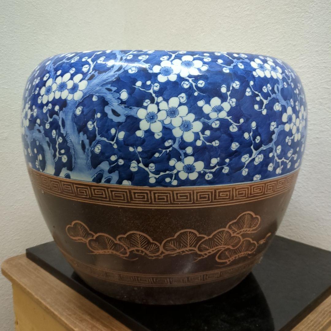 骨董　火鉢　梅の図　松竹梅　鉢カバー　睡蓮鉢　金魚　めだか