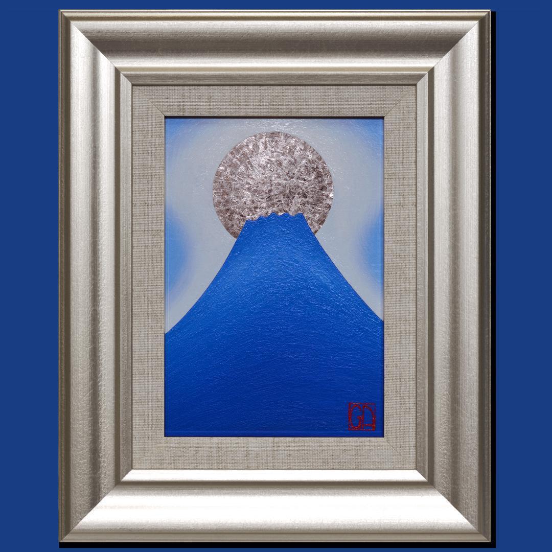 『青嶺円照』●SM油彩額付タテ36.3cm銀シルバー満月富士山がんどうあつし油絵