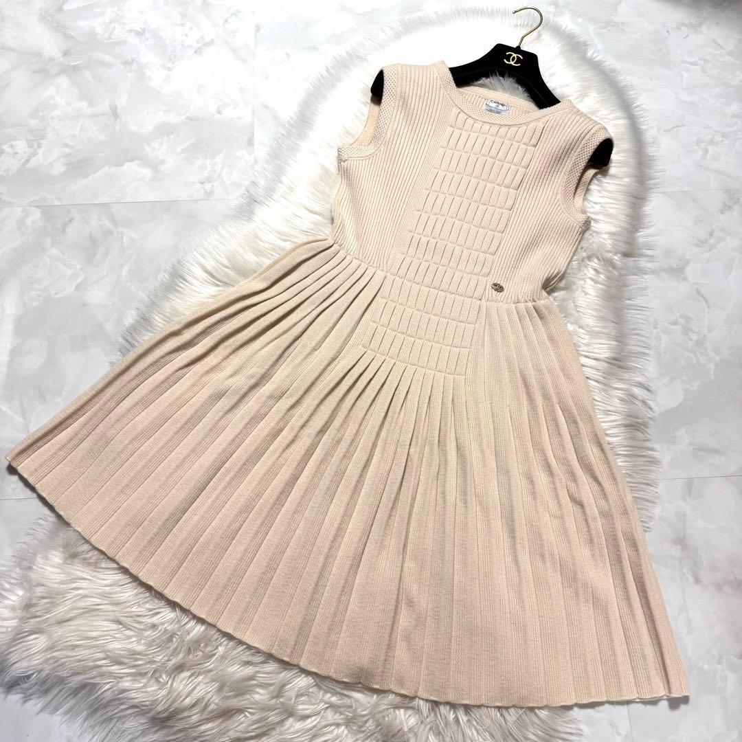 本物 美品 シャネル COCO装飾 ブロックデザイン プリーツ ワンピース 42