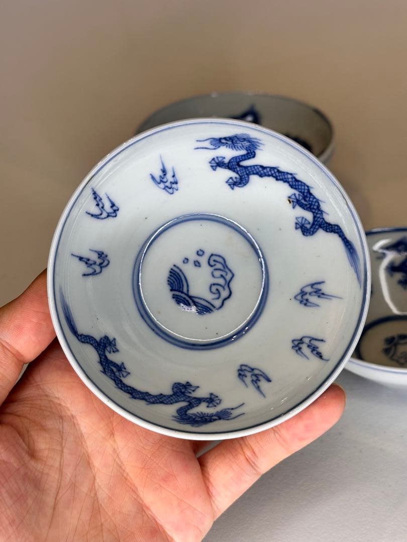 中国 大清雍正年製款 青花染付 龍文 湯呑 三客 サイズ違い アンティーク