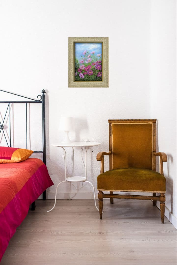 コスモス　風景画　painterTMK真筆　花風景画　肉筆　花絵画　油絵