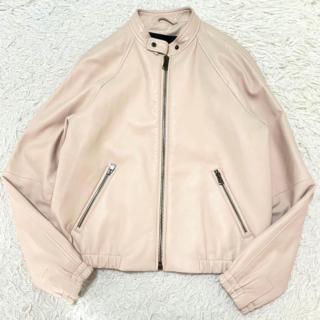 美品/現行モデル コーチ ラムレザージャケット ピンクベージュ クロップド L