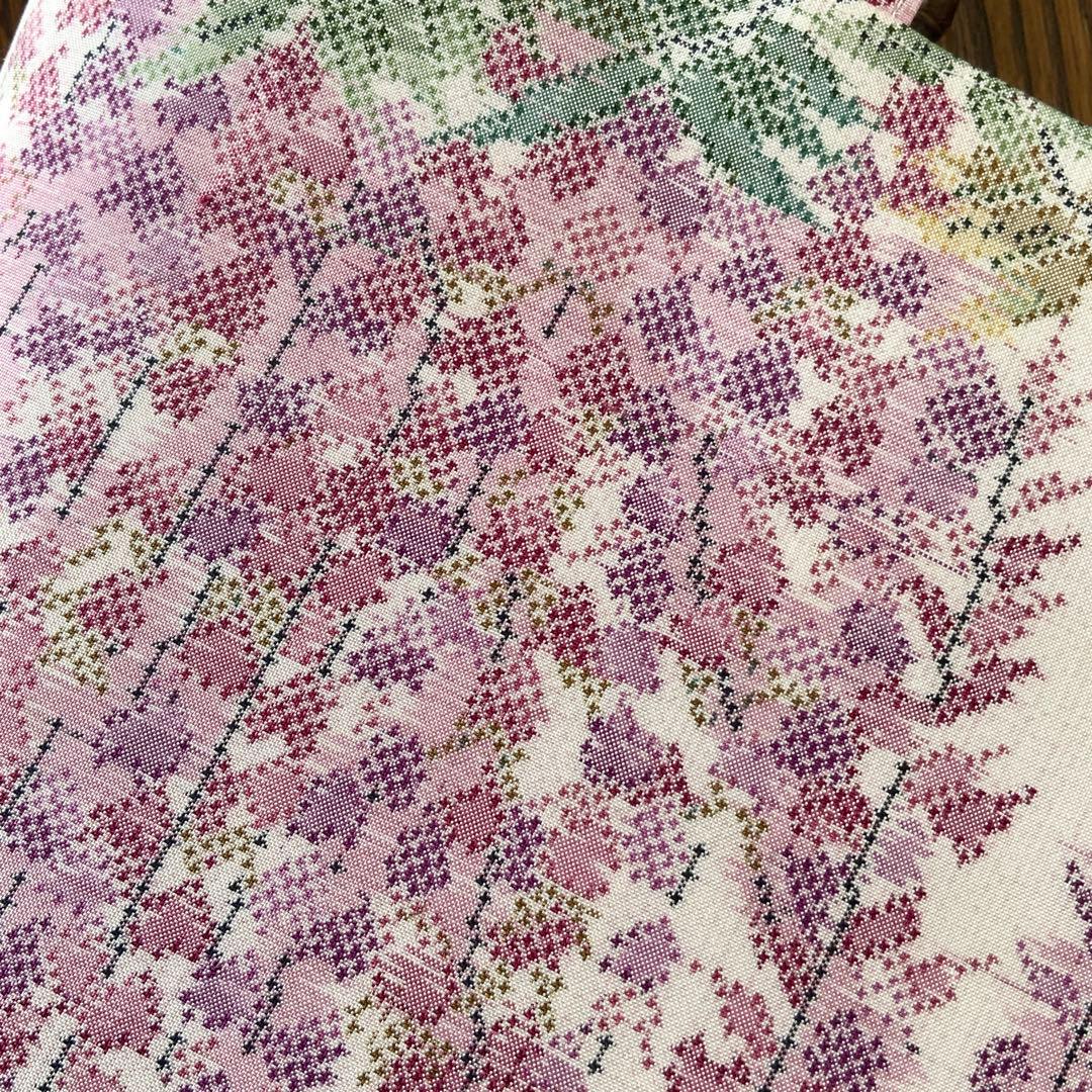 大島紬　満開の藤の花　リメイク　胡桃皮ハンドルバッグ