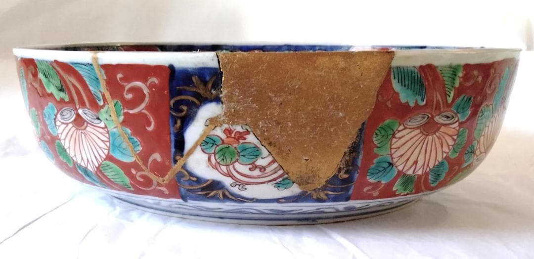 陶器 大深鉢(大) 荒波に獅子・牡丹・鳳凰 色絵 二重鉢揃い Ab-318