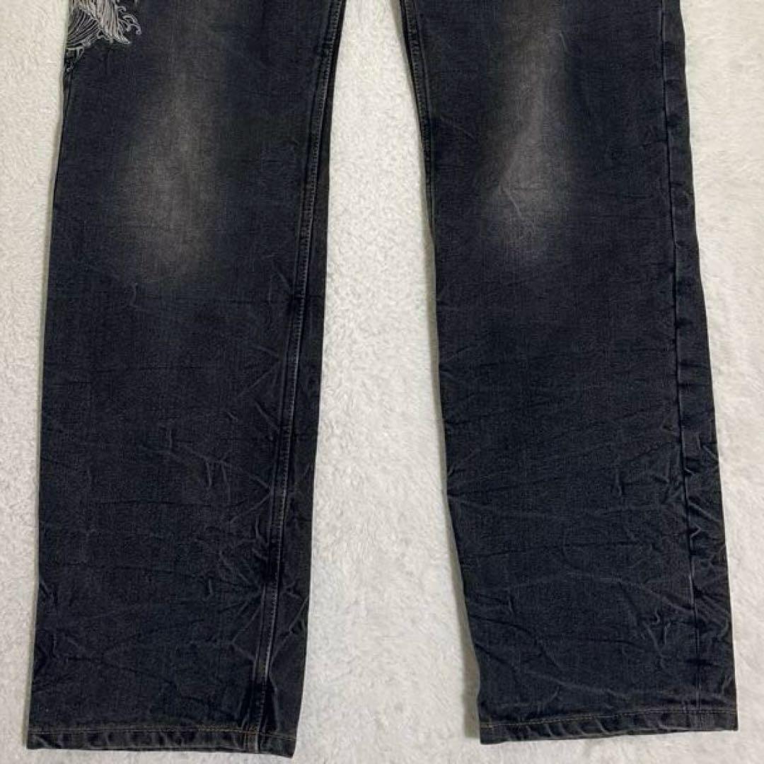 絡繰魂 Karakuri ブラックデニム W32 鯉刺繍 シルバー 5連ポケット