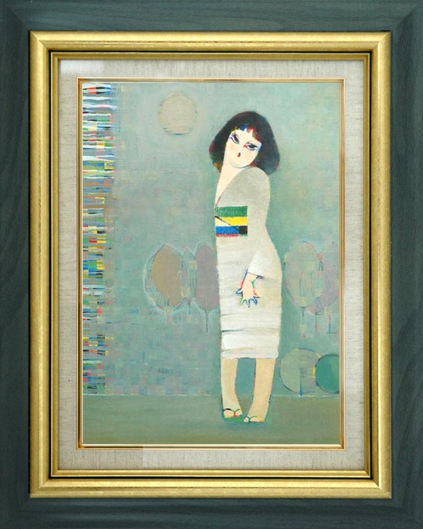 油絵 絵 絵画インテリア 額付(青緑＋金色の枠) F6-050113 人物女性像