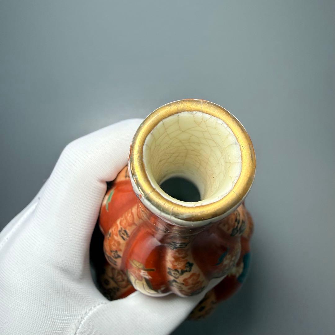 幕末〜明治期　アンティーク薩摩　異人図祥瑞瓢箪形花瓶　箱　布　里帰り品