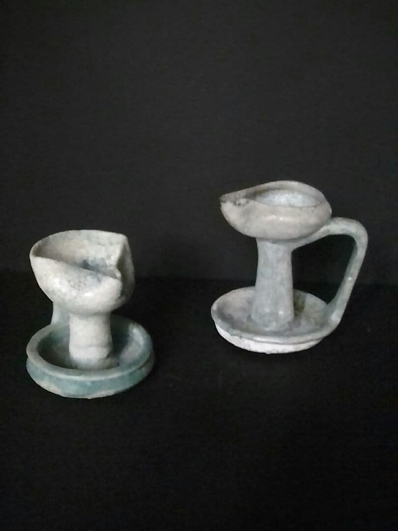 ペルシャ緑釉水注(みずさし)と油指(あぶらさし)の３点　　5〜6世紀