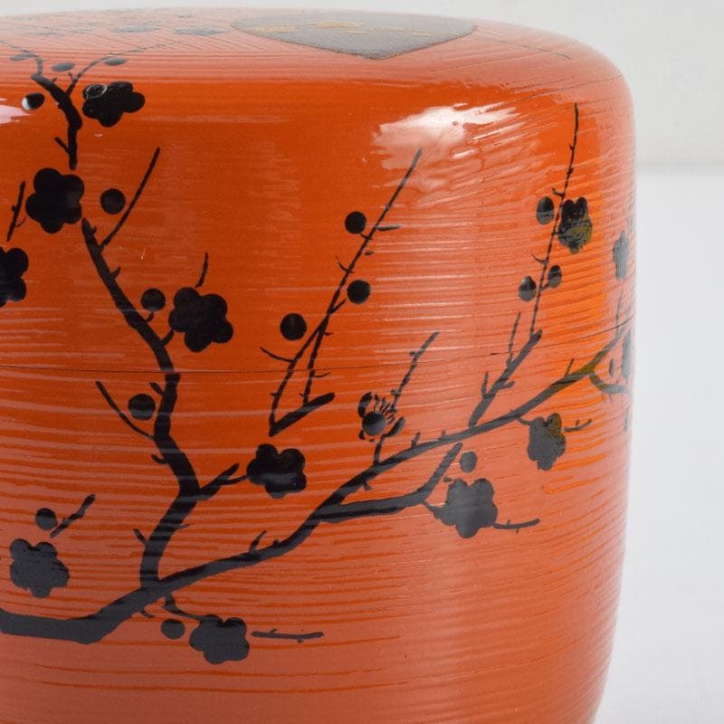 茶道具　山中塗　道場宗廣作　朱刷毛目　梅月蒔絵　大棗　共箱　V　9038