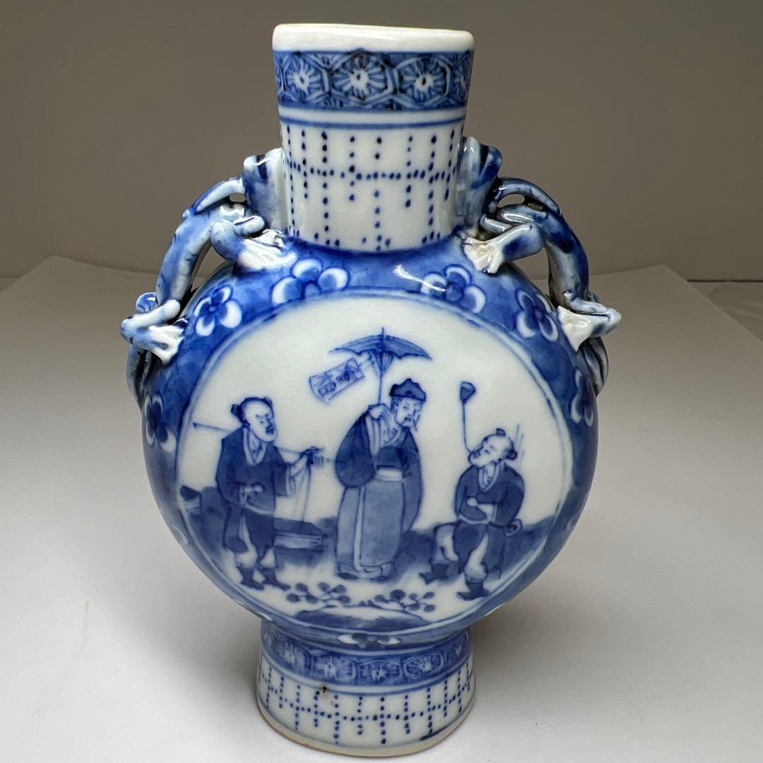 中国清時代　康熙年製　青花龍耳花入　木箱付　高約13.5㎝東Y7-1226☆2F