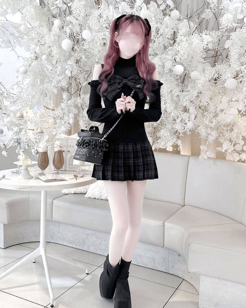 ♡ HONEYMEW ハニーミュウ チェックリボン肩空きプリーツワンピース ♡