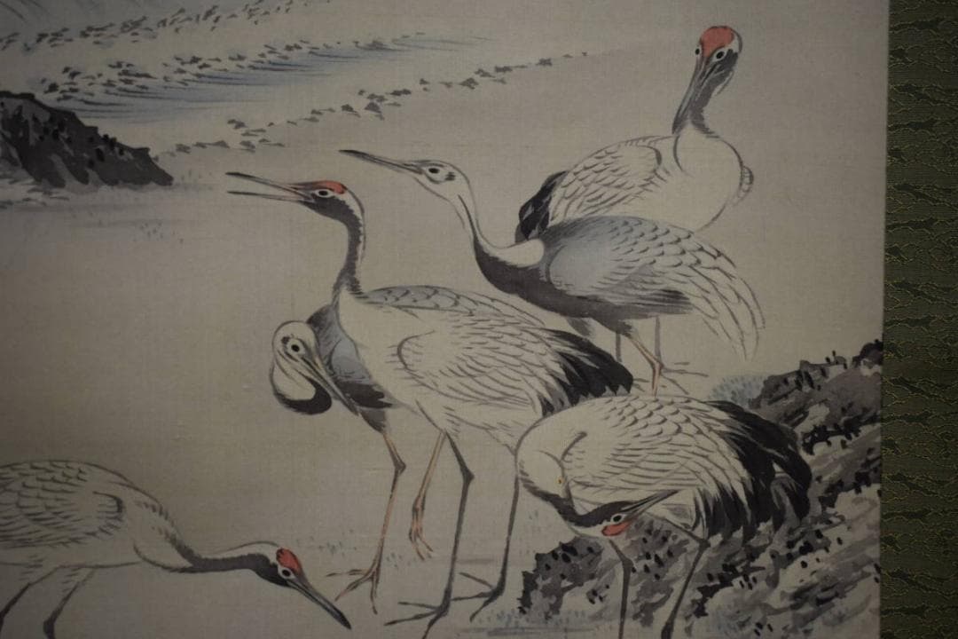 真作/中島来章/海辺群鶴図/布袋屋掛軸HH-120