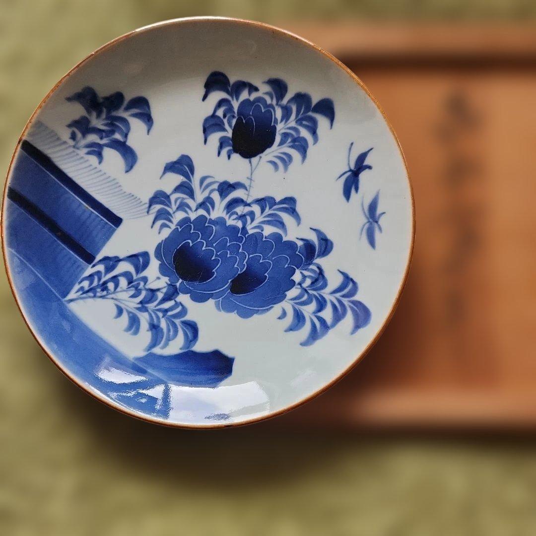 幕末染付け垣根蝶々牡丹花手書き皿　5皿セット