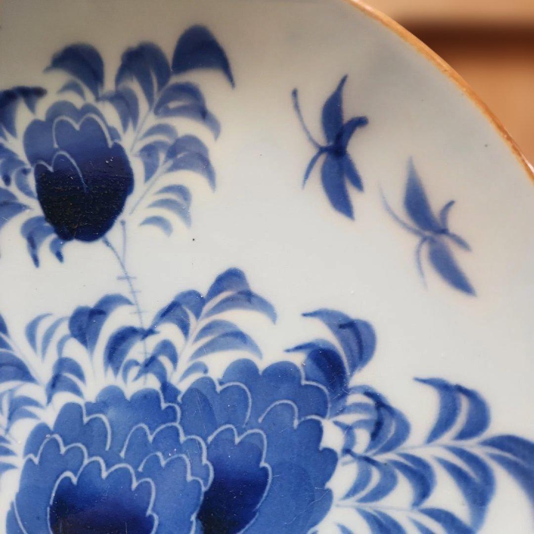 幕末染付け垣根蝶々牡丹花手書き皿　5皿セット