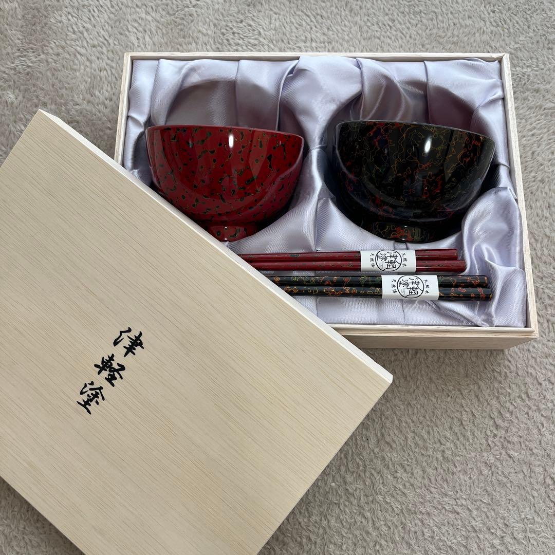 津軽塗　夫婦汁椀・箸セット（桐箱入）