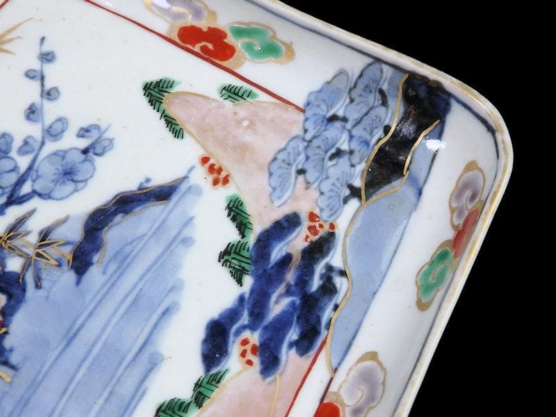 古伊万里　染錦　山水に松竹梅の図　角皿　F064AS-CQu