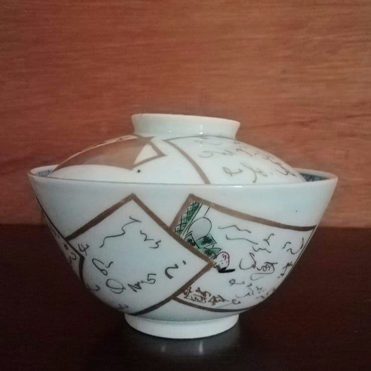 蓋椀2客　５弁花紋様　金彩　手書き　古伊万里　江戸時代　冨貴長春　歌人　和骨董