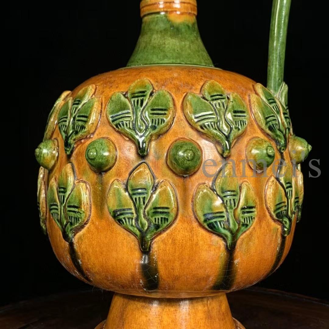 中国古美術 【唐三彩】 陶器製 花卉彫刻 植物文様 彫刻細工 壺 花器 古陶磁