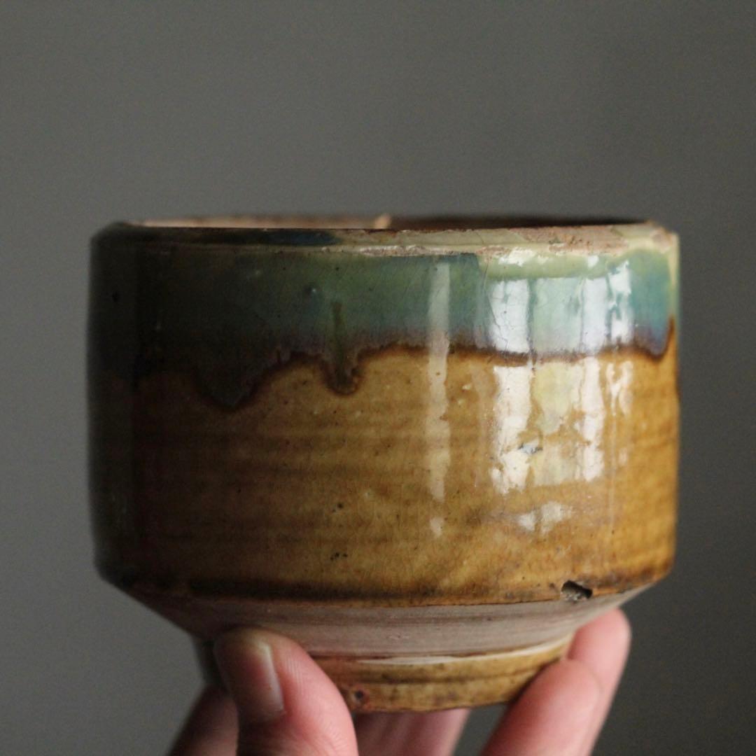壺屋焼 緑掛け飴釉 火入 筒茶碗 古道具 アンティーク
