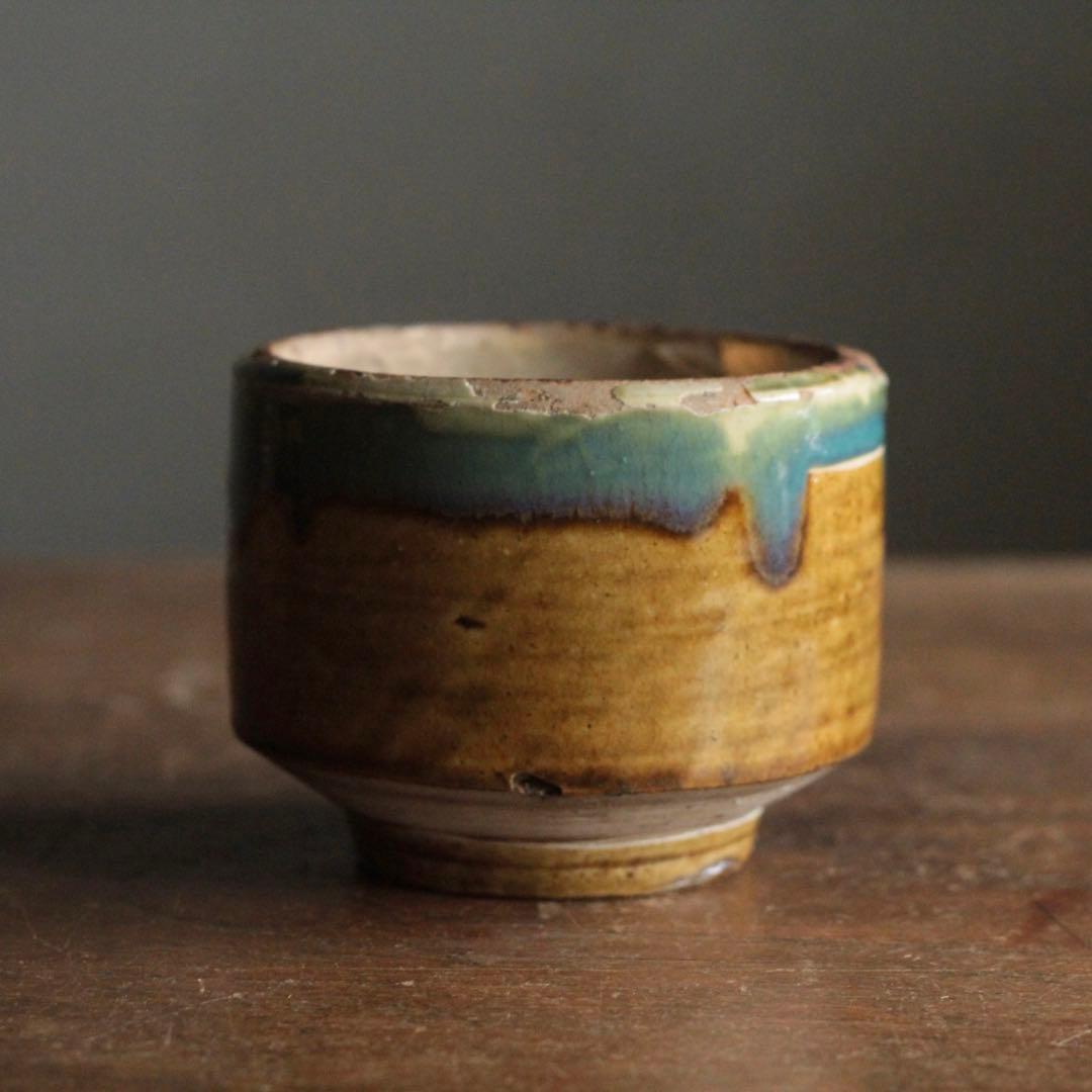壺屋焼 緑掛け飴釉 火入 筒茶碗 古道具 アンティーク